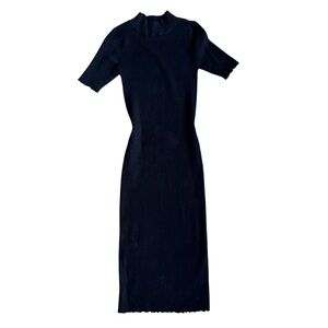 Black mock neck short sleeve midi dress